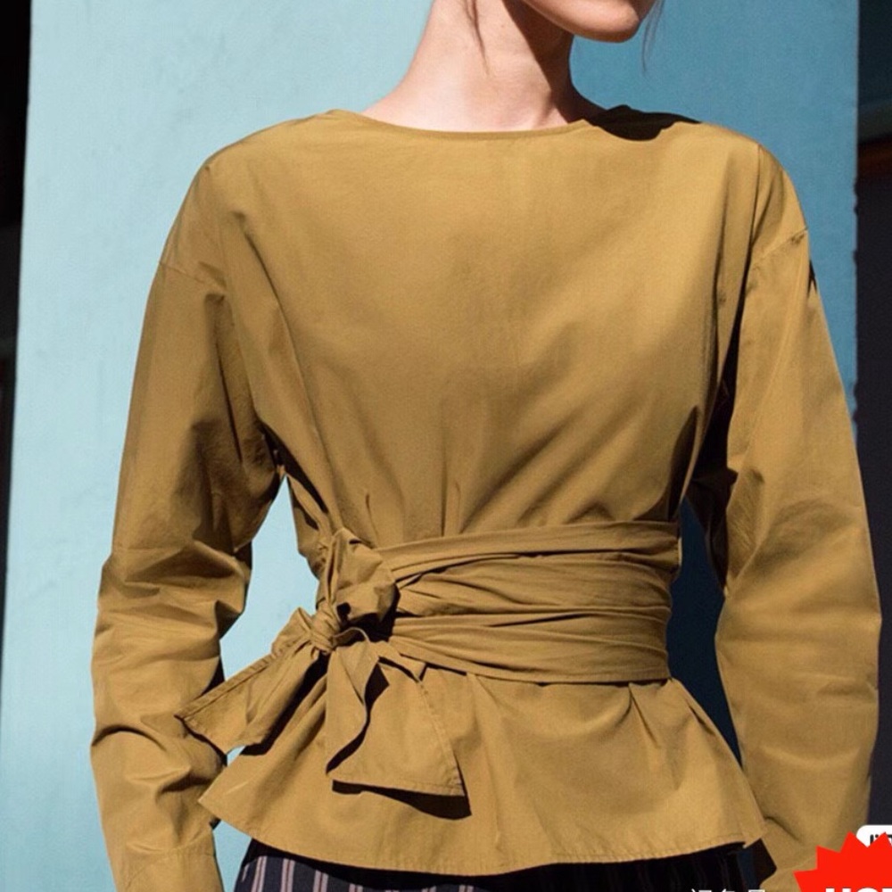 Uniqlo Olive Wrap-Waist Long Sleeve Blouse,size M